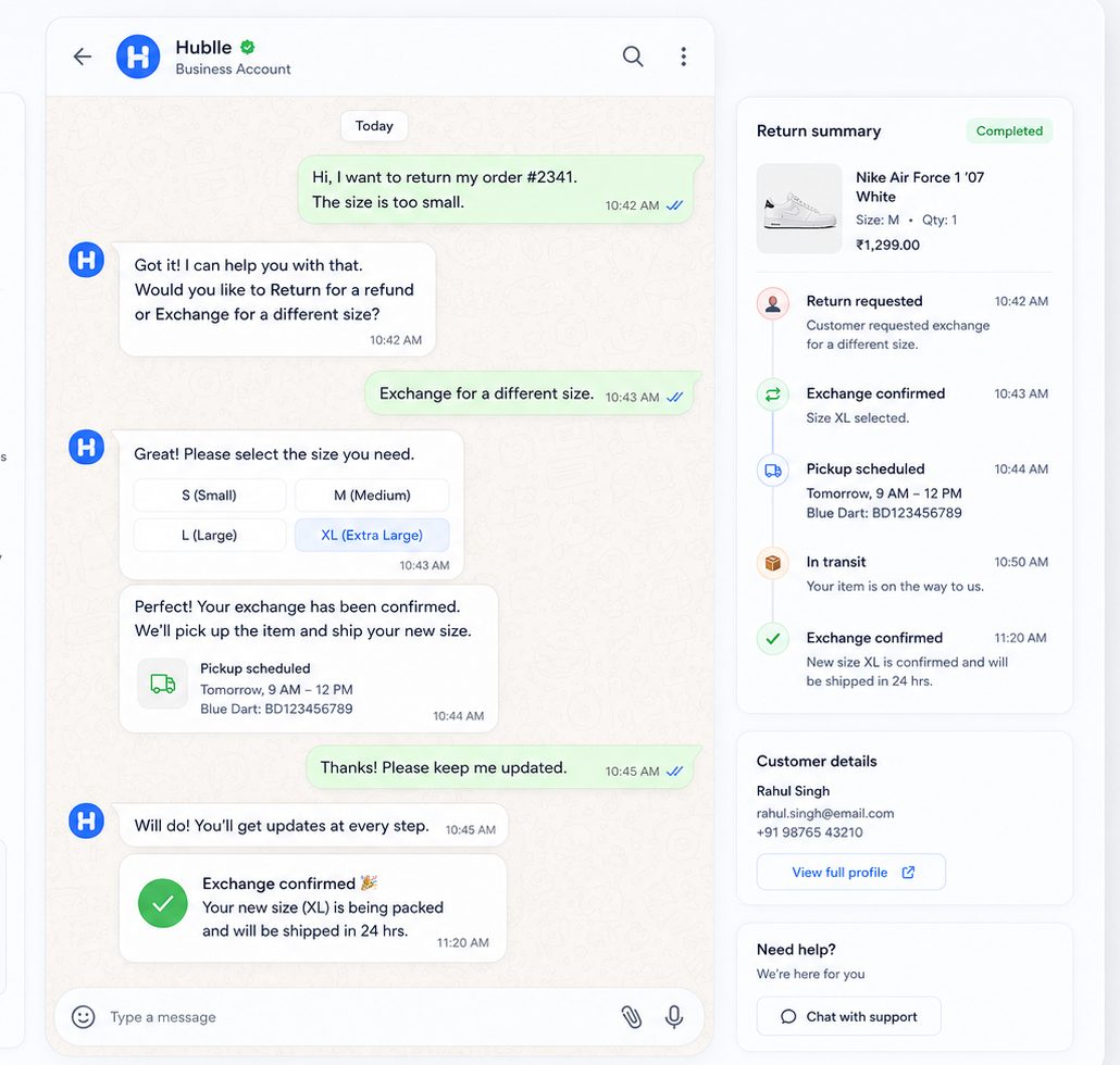 Returns & Exchanges on WhatsApp mockup
